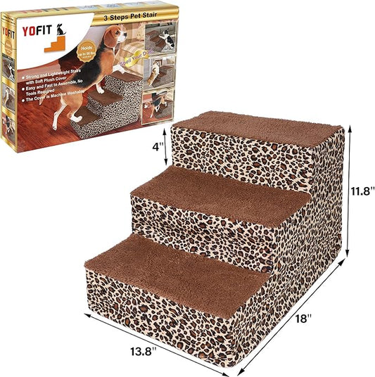 yofit Doggy Steps - Non-Slip 3 Steps Pet Stairs for Cats and Dogs, Foldable Plastic with Washable Carpet Holds Up to 50 lbs (Leopard)