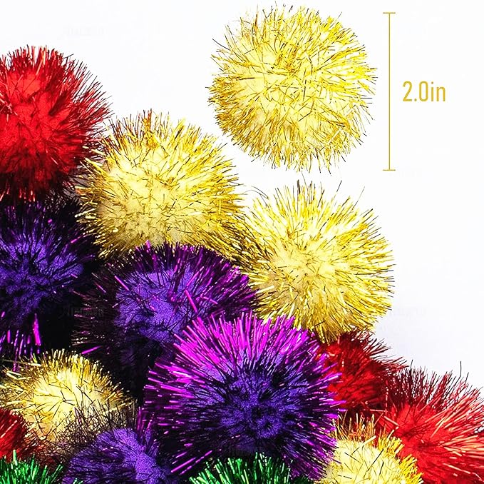 AUEAR, 24 Pack 2 Inch Extra Large Sparkle Cat Ball Glitter Tinsel Pom Pom Balls for Kittens (4 Assorsted Colors)