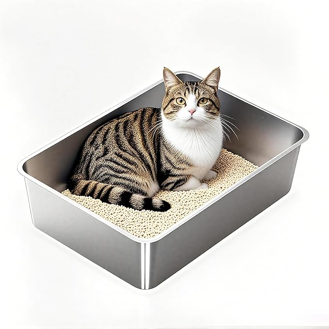 Stainless Steel Cat Litter Box, Medium Metal Litterbox Stainless Steel Litter Tray Pan for Medium Cats, 19.7" Lx13.8 W x5.9 H, No Odor Absorption, Easy to Clean, Rustproof, Leakproof