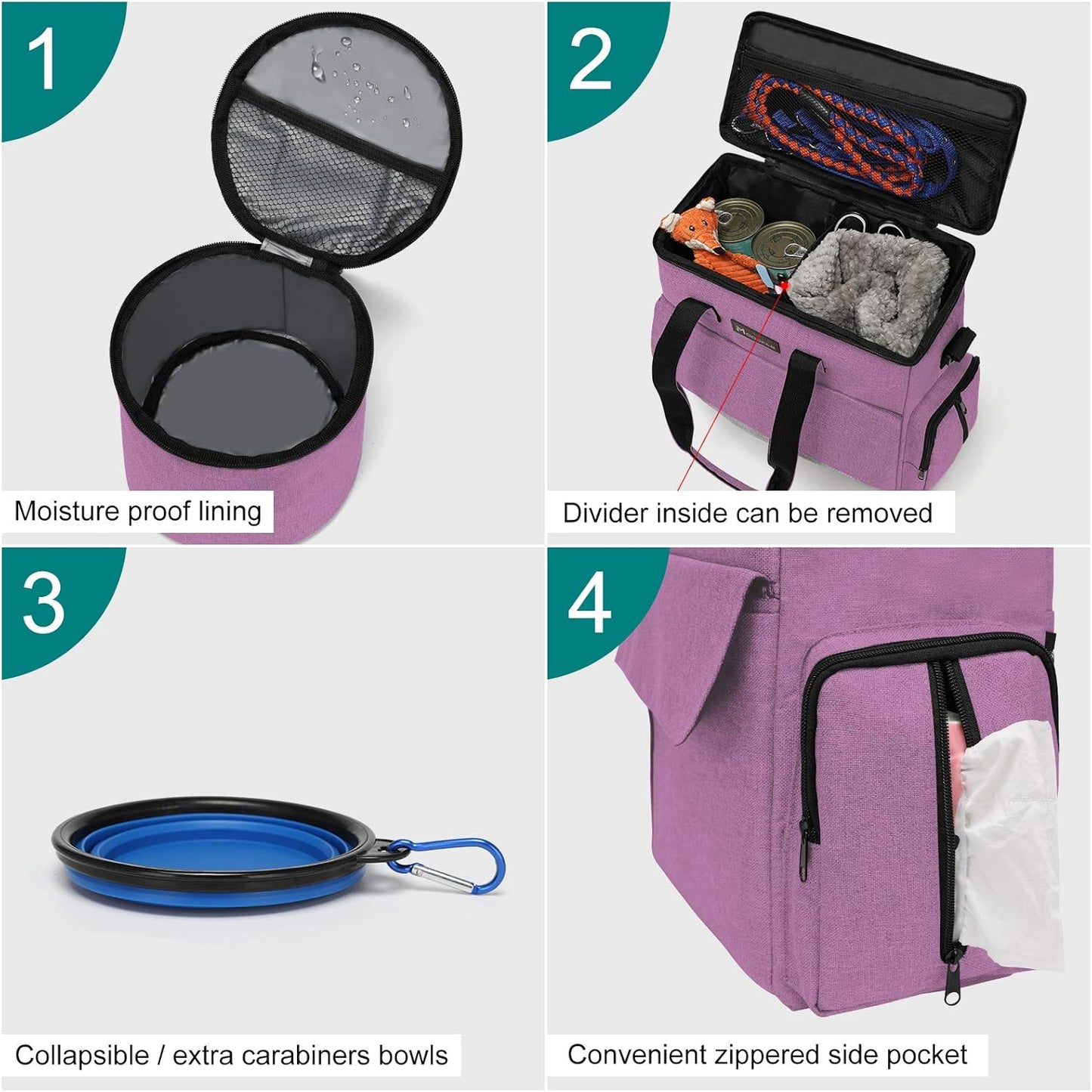 Modoker Dog Food Tote Bag, Airline Approved Pet Gear Travel Set Portable Diaper Accessories Organizer with 2 Food Storage Containers, 2 Collapsible Bowls, 1 Feeding Mat (Pink)