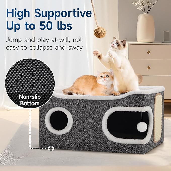 Cat Beds for Indoor Cats, Extra Wide Cat Cube House for Multi Cats, Foldable Cat Cave Hideaway with Arc-Edge Design & Oval Door, Double-Side Soft Cushion for All Seasons, 24"L x 17.7"D x 12.6"H, Grey