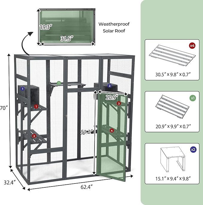 Large Stylish Wooden Catio Outdoor Cat Enclosure Cat Cage & Run Enclosures Indoor Kitty Window Catio with Waterproof Roof, 7 Platforms & 2 Resting Box, UV Resistant, 62.4" L x 32.4" W x 70" H (Grey)