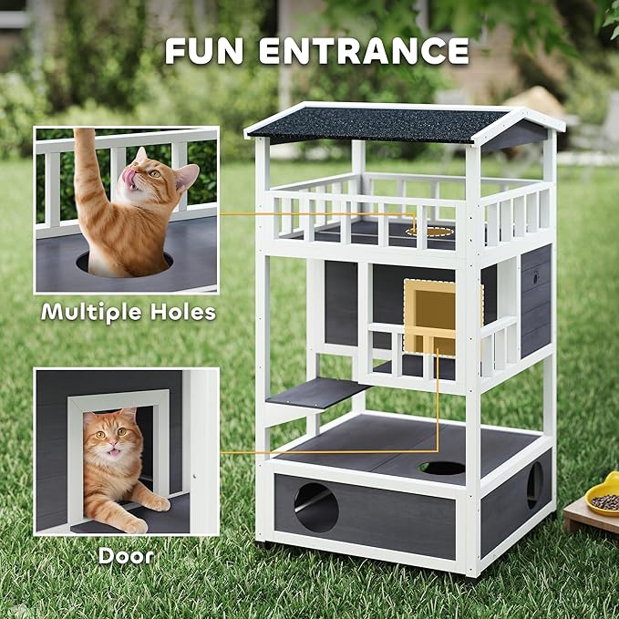 PawHut Wooden Outdoor Cat House, Feral Cat Shelter Kitten Condo with Asphalt Roof, Escape Doors, Condo, Jumping Platform, Gray