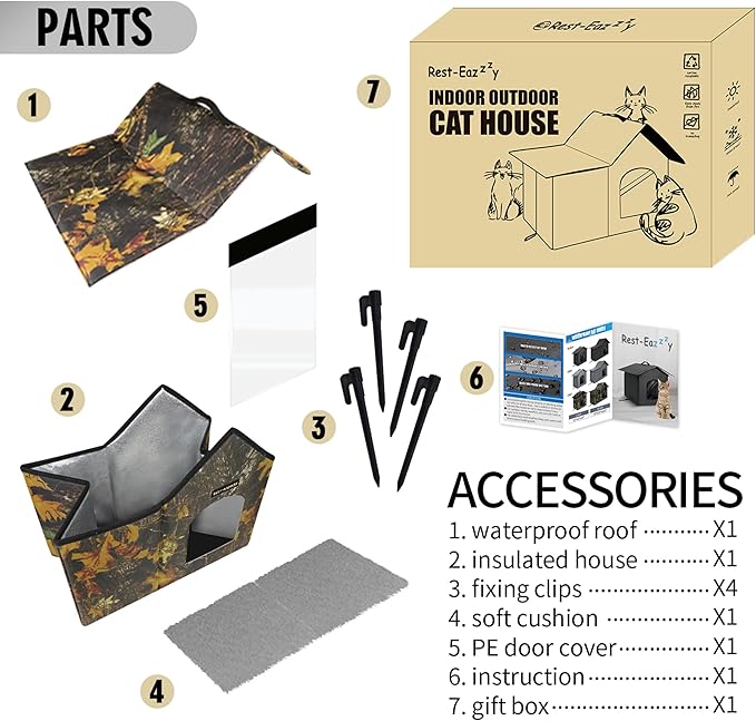 Rest-Eazzzy Outdoor Cat House, Feral Cat House Insulated with Mat and Clip, Weatherproof and Insulated, Cat Beds for Cats Kittens Puppies, Never Blow Away (Leaf, M 13" X 17" X 20")