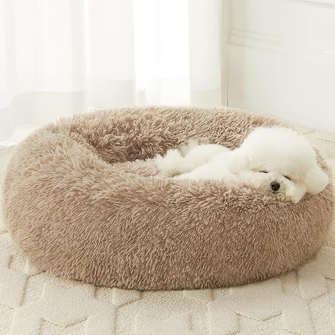 WNPETHOME Calming Dog Beds for Large Dogs, Anti-Anxiety Donut Large Pet Bed, Fluffy Faux Fur Plush Dog Bed，Warming Cozy Soft Round Lagre Dogs Bed for Pet, Cat Cuddler Cushion Bed
