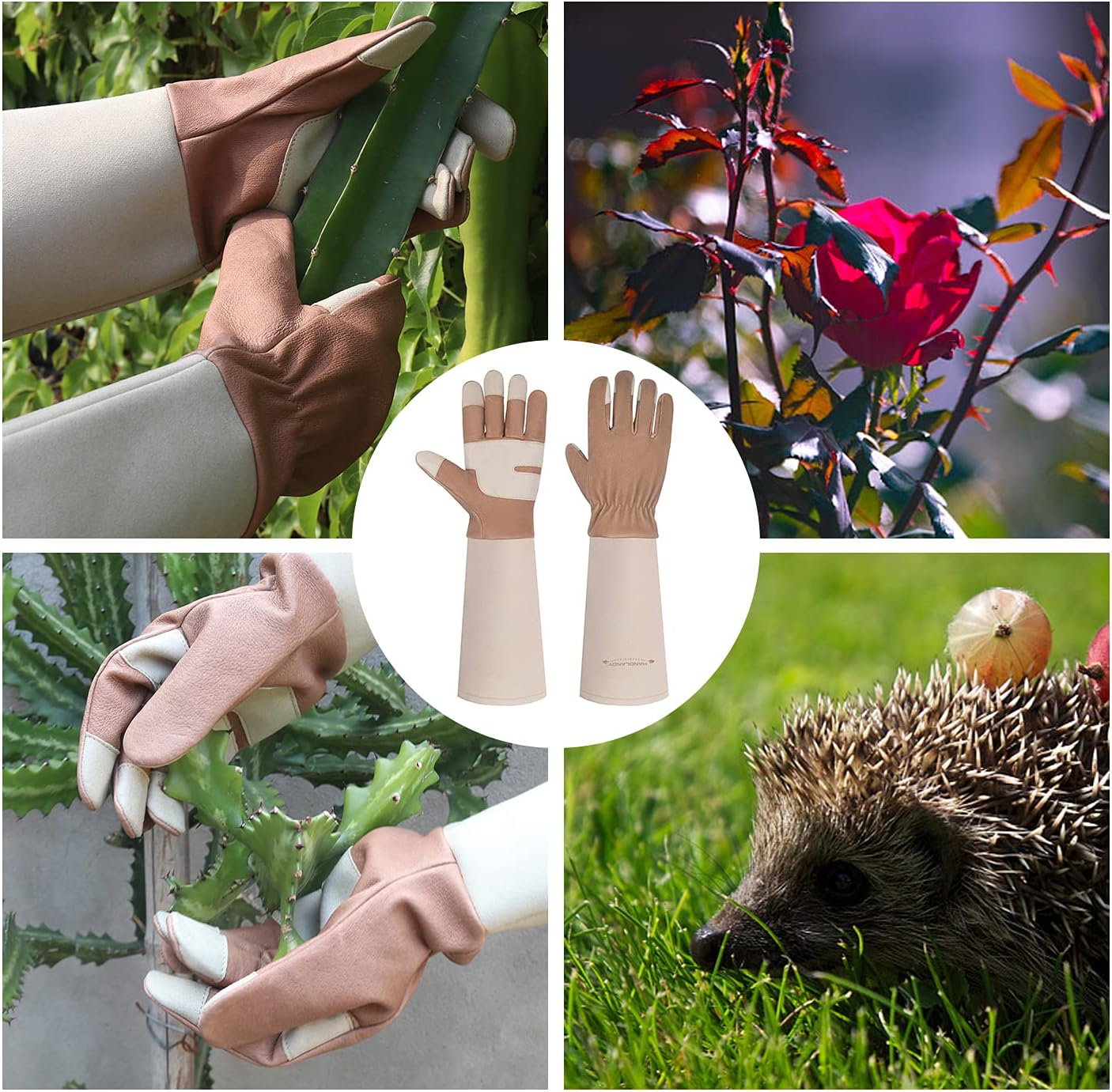 HANDLANDY Long Gardening Gloves for Men & Women, Thorn Proof Rose Pruning Gloves Leather Gauntlets Garden Glove Yard Work Glove (Small, Brown)