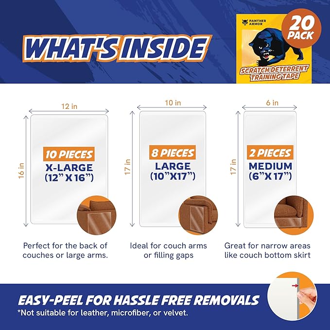 Panther Armor 20-Pack Anti Scratch Furniture Protectors - Deterrent & Cat Training Tape - Double Sided Sticky Tapes - Claw Proof Couch Protectors