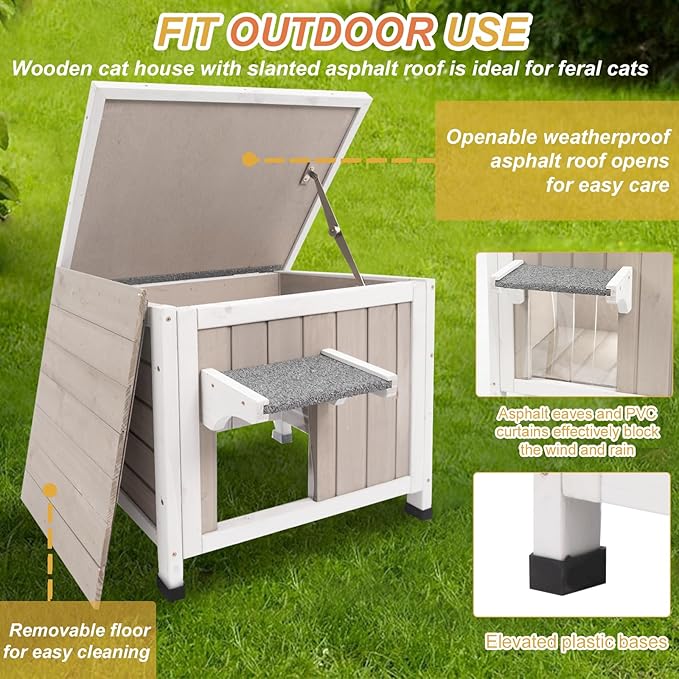 Outdoor Cat House Insulated, Winter Insulated and Thermostatic Outdoor Feral Cat House Weatherproof Solid Wood, Easy Assembly Cat Shelter with Open Roof,22.44x18.43x17.52 in