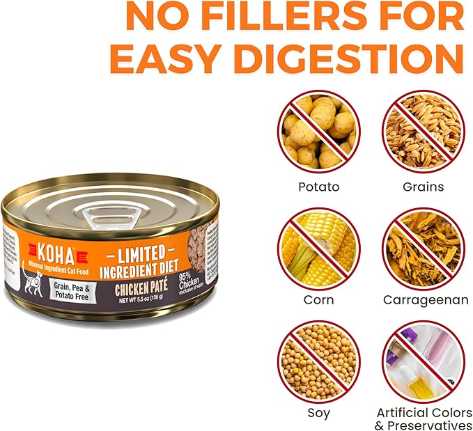 KOHA Limited Ingredient Diet Chicken Pate for Cats - Single Meat Wet Cat Food for Sensitive Stomachs - Pate Cat Food with No Fillers - 3oz Pack of 24