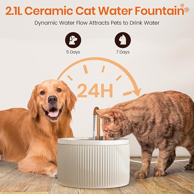 Ceramic Cat Water Fountain - 2.1L/71oz - All-Ceramic Body & Pure Copper Water Spout - Automatic Pet Drinking Fountain for Cats Indoor with Ultra-Quiet Pump, and 3Pcs Filter & Sponge (Beige)