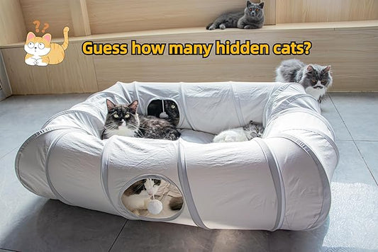 XxingSheep 4 Ways Shuttled XL Cat Tunnel Bed for Indoor Cats Peekaboo Cat Cave Donut with Cool Mat
