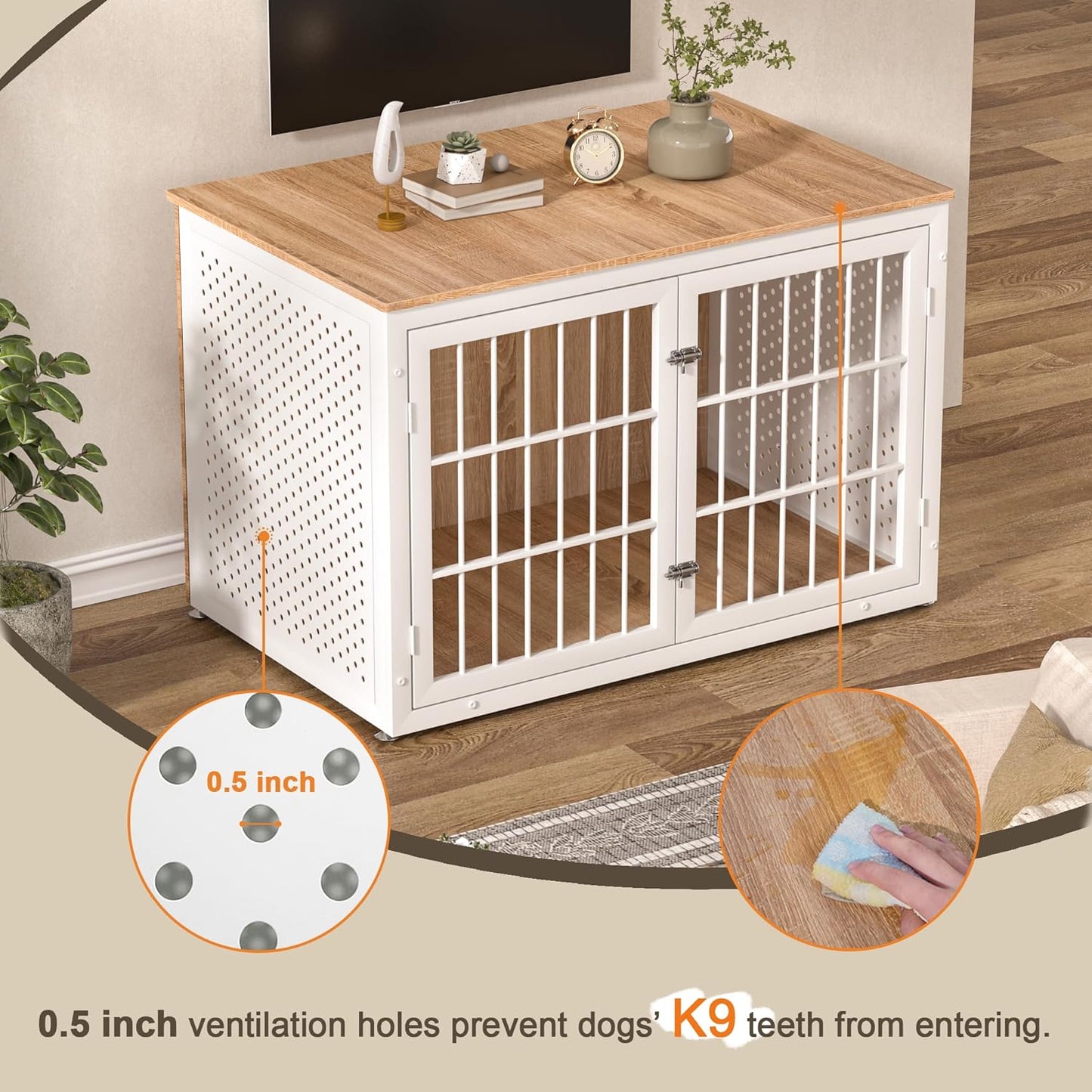 48" Heavy Duty Dog Crate Furniture for Large Dogs, Metal Kennel for High Anxiety Dogs, White Wooden Cage Furniture Indoor, Decorative Dog Kennel End Table, XL