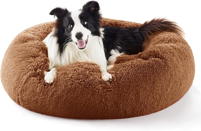 Bedsure Calming Dog Bed for Large Dogs - Donut Washable Large Pet Bed, 36 inches Anti-Slip Round Fluffy Plush Faux Fur Dog Bed, Fits up to 80 lbs Pets, Caramel