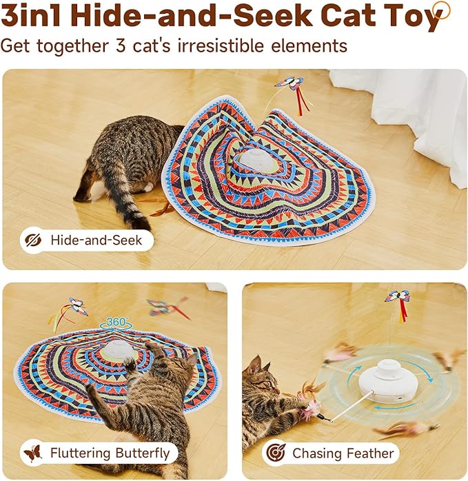 Potaroma Cat Toys Chargeable, 3in1 Hide and Seek, Automatic Interactive Fun, Fluttering Butterfly, Moving Feather, Kitten Wand, Indoor Kitty Exercise Kicker 22.8 Inch Cover for All Breeds