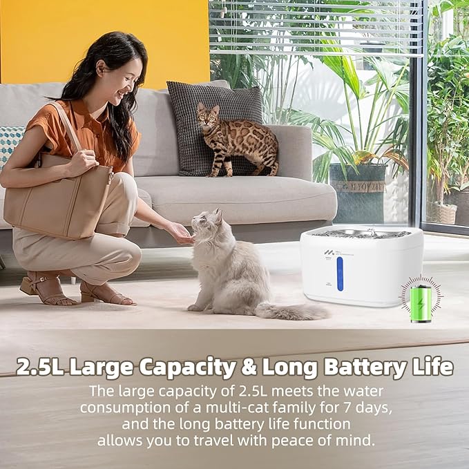 Meill Wireless cat Water Dispenser with 220° Motion Sensor & Quiet Pump, 85oz/2.5L Capacity, Battery Operated for Indoor and Outdoor use，Stainless Steel Drinking Tray, no Cleaning Hassle