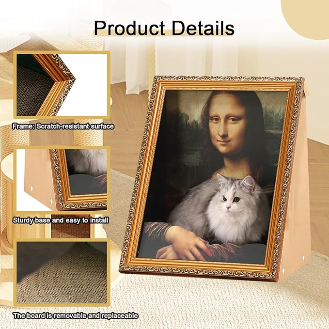 Mona Lisa Cat Scratcher Bed - 3D Art Armrest Design, 50lbs Eco-Friendly Cardboard, No-Tools Assembly for Cats/Rabbits