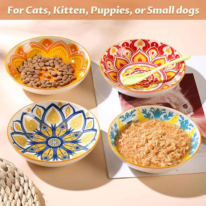 Cat Bowls, Ceramic Cat Food Bowl Set with Silicone Ring, Non-Slip Cats Dishes or Cute Plates for Feeding Indoor Cats, Kitten, Small Dogs (Bohemian-4 Pack, 5.5 Inches)