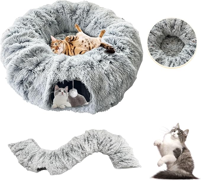 Cat Tunnel Bed with Central Mat - Soft Plush Cat Donut Tunnel, Big Tube Playground Toys, Removable and Washable Peekaboo Cat Cave, Circular Cat Tunnel for Kitten/Puppy/Rabbit, Gray