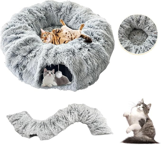 Cat Tunnel Bed with Central Mat - Soft Plush Cat Donut Tunnel, Big Tube Playground Toys, Removable and Washable Peekaboo Cat Cave, Circular Cat Tunnel for Kitten/Puppy/Rabbit, Gray