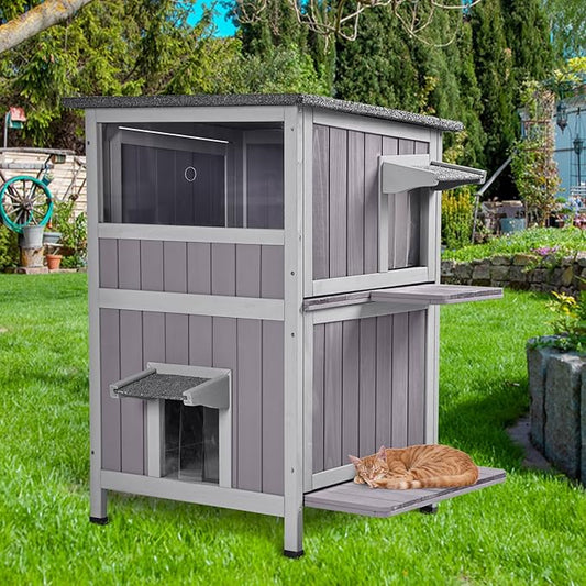 GUTINNEEN 2 Story Wooden Outdoor Cat House Weatherproof with Escape Doors, Openable Roof, Feral Cat Shelter with Elevated Base & Acrylic Window
