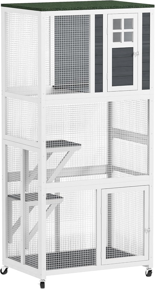 PawHut 74" Wooden Catio Outdoor Cat Enclosure Weatherproof & Wheeled, Outside Cat House with High Weight Capacity, Kitten Cage Condo, White