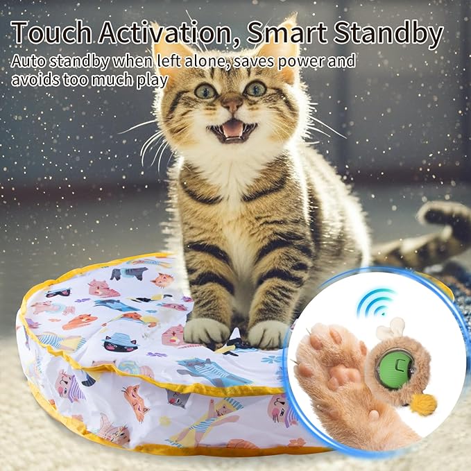Interactive Cat Toys Fast Rolling Ball in Play Pouch, Motion Activate Chirping Cat Toy Hide and Seek Mouse Catching Game, 28 Inch Play Pouch