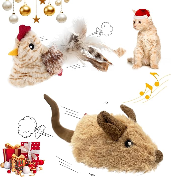 Gigwi Interactive Cat Toys for Indoor Cats, Cat Mouse Toys 2 Pcs with Electronic Realistic Squeaky Sound, Automatic Moving Kitten Toy Electric Mice Toy Self Play Exercise(Brown Ears& Chicken)