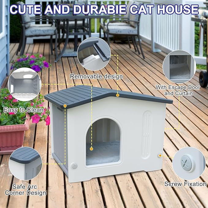Plastic Cat House for Outdoor Indoor Use, Feral Cat House with Escape Door and Soft Mat, Cat Houses for Outdoor Cats Outside Cat Shelter for Small Pet, Assemble Easily - Grey