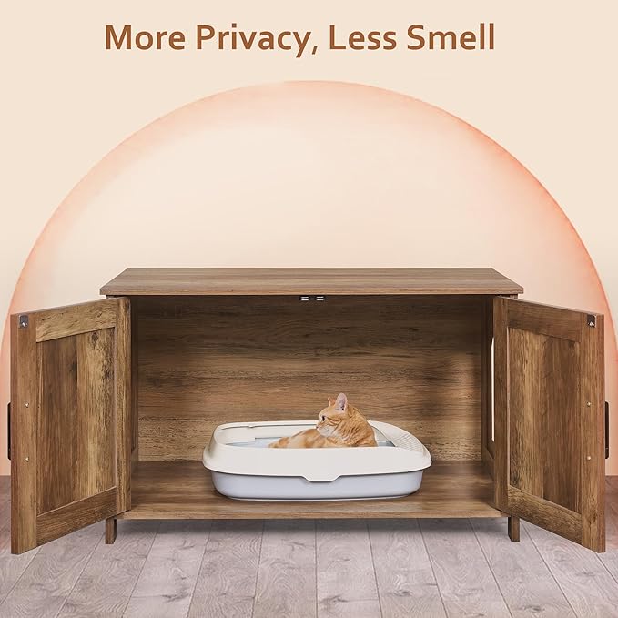 Homhedy Cat Litter Box Enclosure, Wooden Cat Washroom Furniture with Barn Door, Pet House, Fit Most of Litter Box, Rustic Walnut