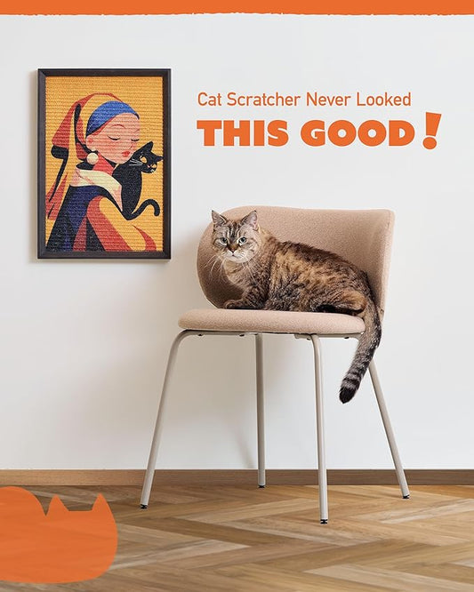 Decorative Wall Art Sisal Cat Scratcher with Vertical Mounted Setup, 14x20 Large & Durable Scratch Pad Ideal for Adult Cats with Gallery-Style Frame That Looks Like a Painting (Girl with Purr)