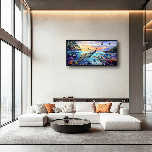 Framed Large Sea Turtle Wall Art for Living Room, Oversized Ocean Turtle Wall Decor Seascape Underwater Marine Life Canvas Painting Home Decoration for Living Room Bedroom Office 60"x30"