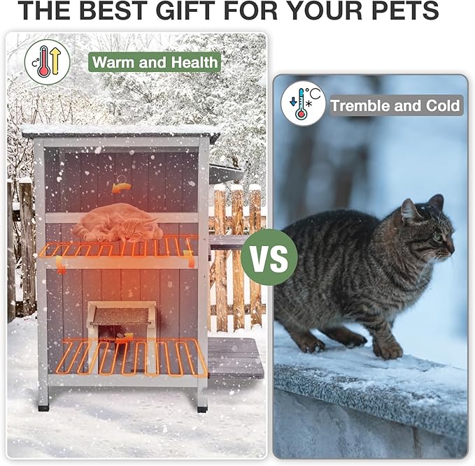 Heated Outdoor Cat House Insulated, 2-Story Outside Feral Cat Shelter with Weatherproof Roof and 2 Escape Doors, Kitty Condo with Heating Pad and Insulated Liner in Winter