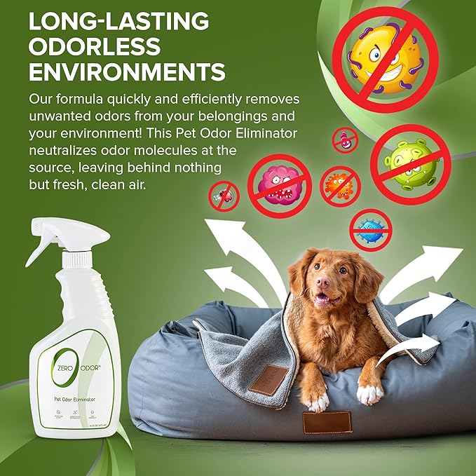 Zero Odor - Pet Odor Eliminator for Strong Odor, Eliminate Air & Surface Odors – Patented Molecular Technology Best For Carpet, Furniture, Beds Smell Great Again (Over 400 Sprays Per Bottle)