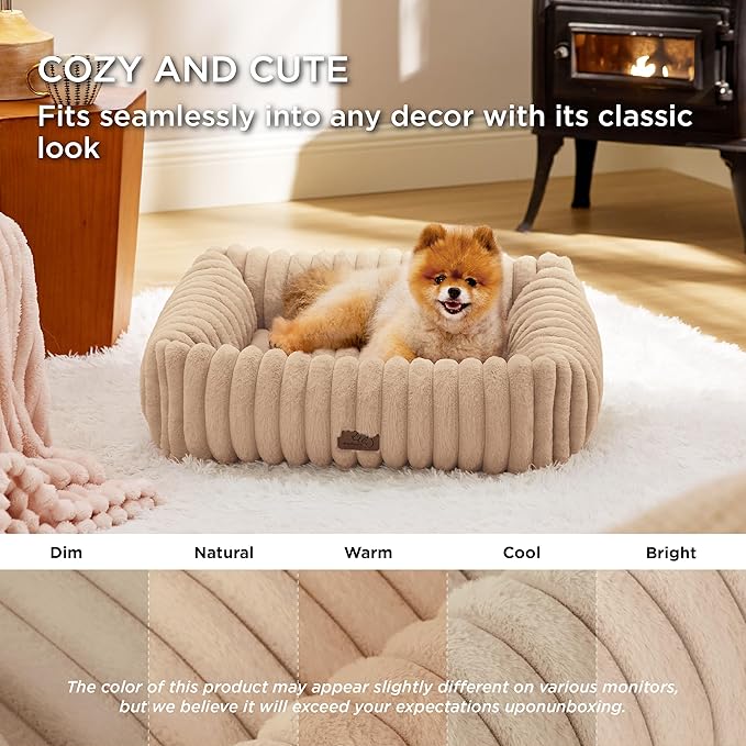 Bedsure Cute Dog Bed for Small Medium Dogs - Washable Furry Puppy Beds, Rectangle Orthopedic Corduroy Fleece Pet Beds with Removable Zipper Cover, 25x21x7inches,Sandy Tan