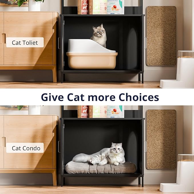 Cozy Castle Litter Box Enclosure, 57'' Cat Litter Box Furniture with Large Cabinet, Shelves and 4 S-Hooks, Hidden Cat House for Most of Litter Boxes, Wooden Pet Washroom Indoor, Black