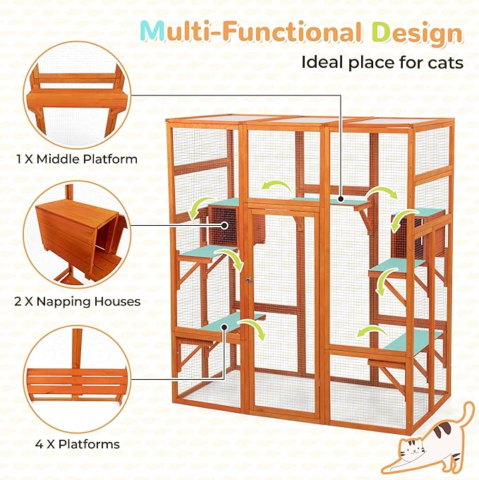 Large Wooden Catio Outdoor Cat Enclosure - Cat Play & Run Enclosures Indoor Kitty Window Catio with Waterproof Roof, 7 Platforms & 2 Resting Box, UV Resistant, 62.5" L x 32.5" W x 70" H, Orange
