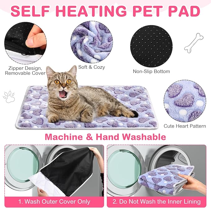4 Pack Self Heating Cat Bed Cat Self Warming Pad with Removable Cover Extra Warm Thermal Pet Pad Washable Pet Crate Mat Anti Slip Kennel for Indoor Outdoor Pets(Heart,16 x 20 Inches)