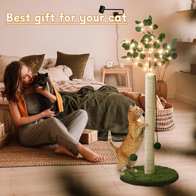 Cat Scratching Post with Lights & Hanging Ball Toys Tall Sisal Rope Scratcher Tree Climbing Scratch Tower for Indoor Cats Adult Kitten