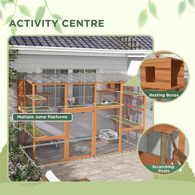 PawHut Catio, Outdoor Cat Enclosure Window Box, Wooden Cat House Playground with Scratching Posts, Weather Protection Roof for 1-5 Kitties, Resting Boxes, 118" x 55" x 75.5", Orange
