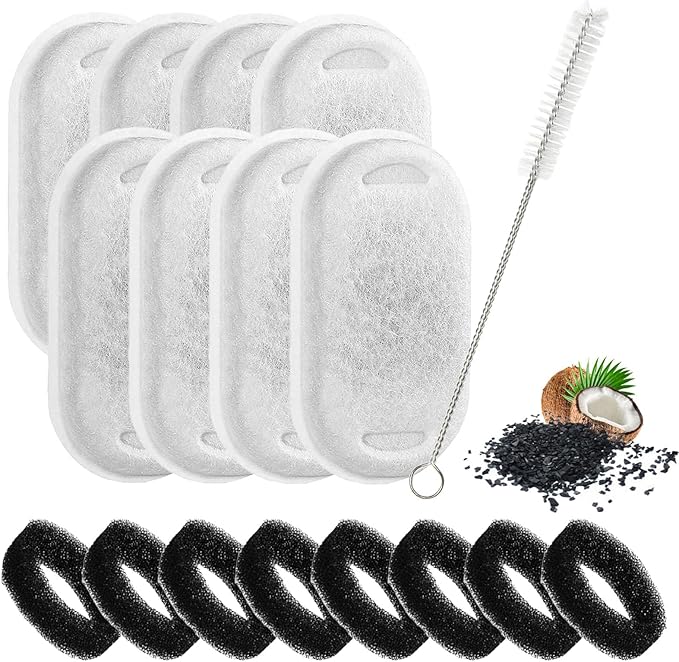 Cat Water Fountain Filters Replacement (16-Piece Pack) - 8 Filters + 8 Sponges + Cleaning Brush - Compatible with 3L (108oz) & 2L (67oz) Stainless Steel Pet Fountains