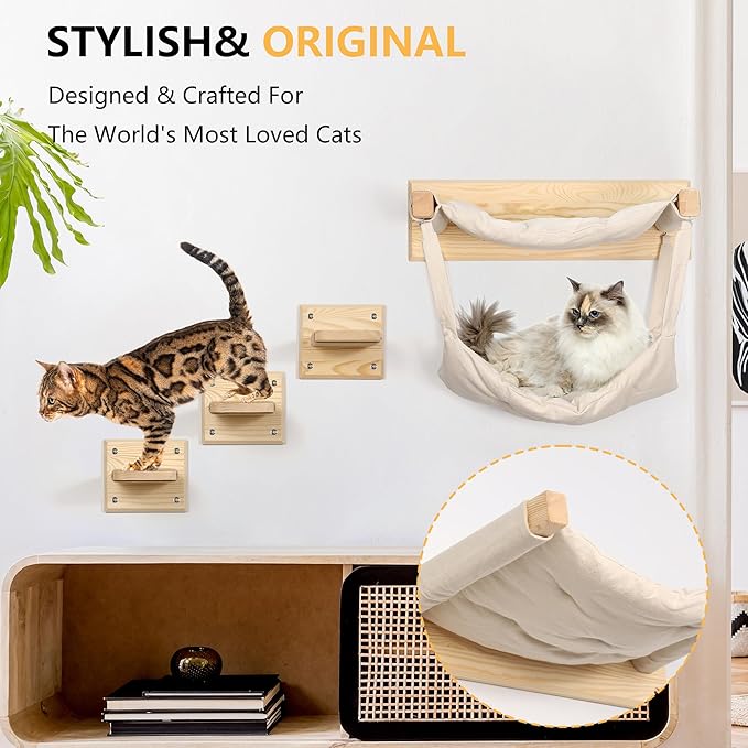 Luxury Wooden Cat Furniture with Double Hammock & Steps | Stylish Modern Hammock | Multi-Level Wall Furniture with Sisal | Premium cat Bed | cat Shelves for Wall | Wall Mounted cat Furniture