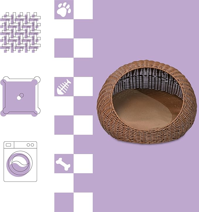 CBD3000B Fiora 19.5" x 18" Modern Circular Faux Wicker Pet Bed with Machine-Washable Cushion, Cat Beds for Indoor Cats, Brown