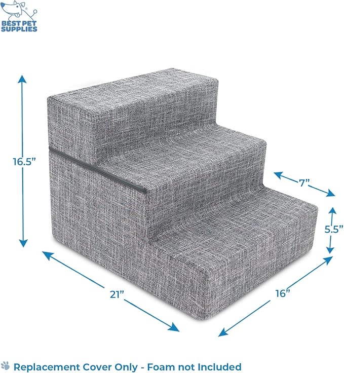 Best Pet Supplies Dog Stairs & Steps - Foam Steps for Small Dogs & Cats, Non-Slip Indoor Balanced Pet Step Support, Dog Ramp, No Assembly, Ash Gray Linen, Foldable 3-Step (16.5-inch Height)