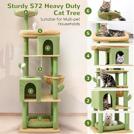 Globlazer Heavy Duty Cactus Cat Tree for Large Cats, Sturdy 72in Maine Coon Cat Tree for Large Cats 20 lbs+ Cactus Cat Tower for Adult Biggest Cats with 6 Scratching Posts, Hammock, S72, Green