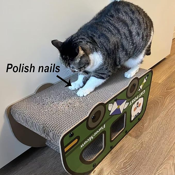 Cat Scratching House, Cat Cardboard House Green Bus, Long Scratching Post, 9x11.8x22 Inches, Fun Cube & Tunnel, Peekaboo Hideaway for Indoor Cats