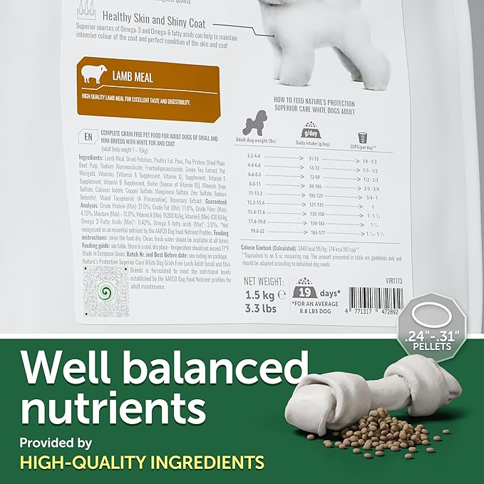 Nature's Protection Superior Care White Dogs Grain-Free Dry Dog Food - High Protein, Tear Stain Dog Food for Small & Mini Breeds Light Coated Adult Dogs, Fresh Pet Meal, Lamb, 3.3 lb