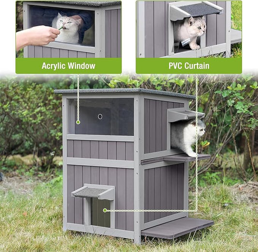 GUTINNEEN Outdoor Cat House Weatherproof with 2 Escape Doors and Window, 2-Storys Wooden Feral Cat Shelter with Asphalt Roof and Removable Floors, Cat Condo with 2 Large Side Doors for Easy to Clean