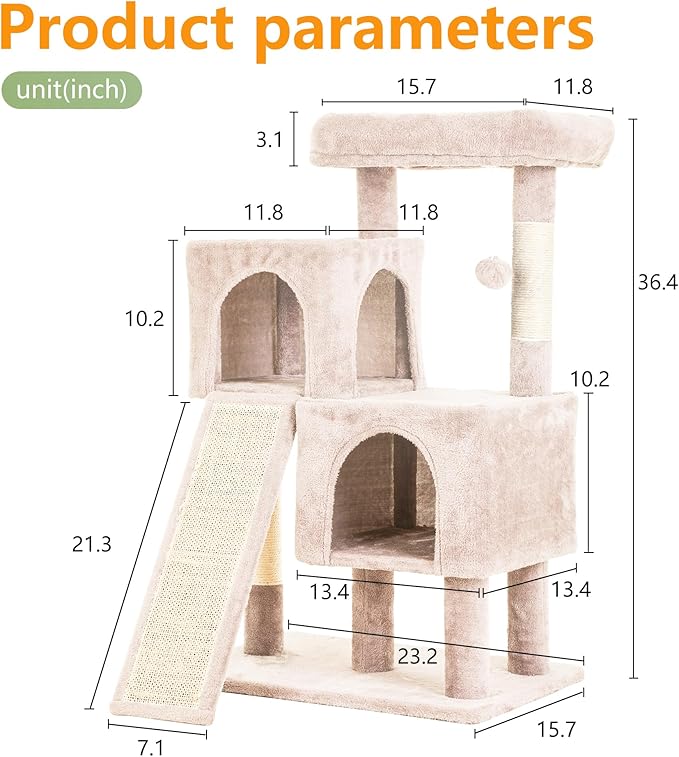 FDW Cat Tree for Indoor Cats 36 Inches Cat Tower Multi-Level Indoor Cat Play Condo House with Scratching Posts, Spacious Perch, Sisal Posts and Dangling Toys, Beige