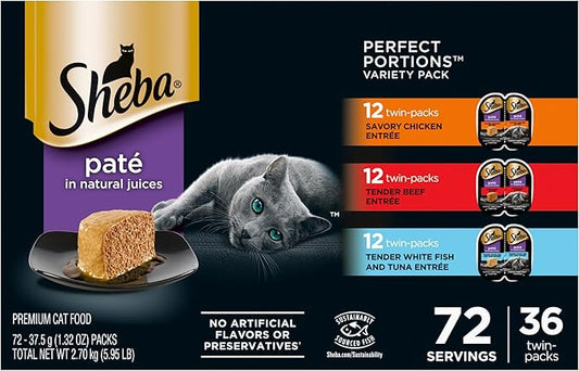 Sheba Perfect Portions Wet Cat Food Pate Savory Chicken Entree, Tender Beef Entree, and Tender Whitefish and Tuna Entree, 2.6 oz. Twin-Pack Trays (36 Count, 72 Servings)