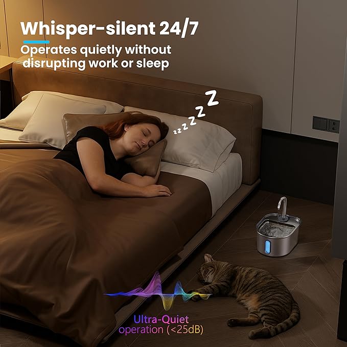 Cat Water Fountain Stainless Steel, 108oz/3.2L Quiet Automatic Water Dispenser for Dogs, Safe Auto Shut-Off, Large Oval Pet Water Fountain for Cats Indoor with 1 Replacement Filter